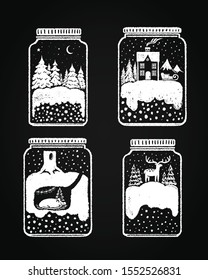 Set of cute jars with a winter landscape. Vector illustration hand-drawn in chalk on a blackboard. Snow-covered Christmas trees, a house in the mountains, a mouse sleeping in a hole and a deer 