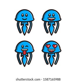 Set of cute  jellyfish emoticons with different expressions. Funny emoji faces. color line icon set .Simple cartoon vector illustration