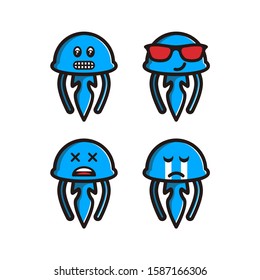 Set of cute  jellyfish emoticons with different expressions. Funny emoji faces. color line icon set .Simple cartoon vector illustration