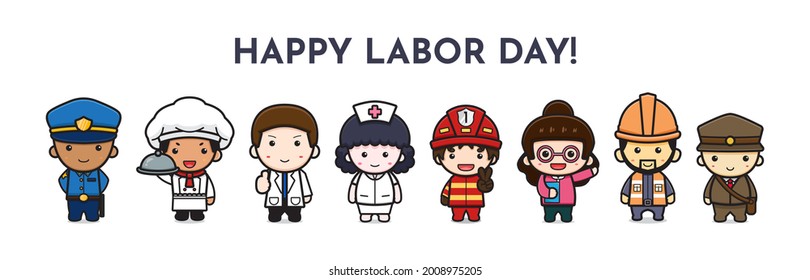 Set Of Cute Job Character Celebrate Labor Day Cartoon Icon Vector Illustration. Design Isolated On White. Flat Cartoon Style.