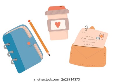 Set of cute journal elements, coffee, journal and letter.