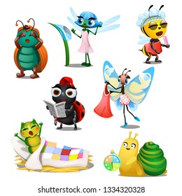 Set of cute joyful insects in the morning isolated on white background. Regimen of day. Vector cartoon close-up illustration.