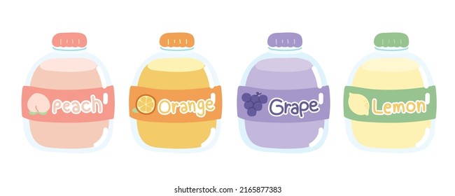 Set of cute juice with bottle cartoon hand drawn.Beverage collection.Peach,orange,grape,lemon flavor.Isolated.Kawaii.Vector.Ilustration.