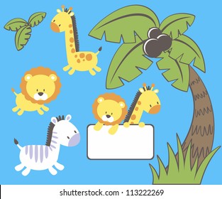 set of cute jungle animal cartoon characters and palm tree isolated on blue background, individual objects very easy to edit