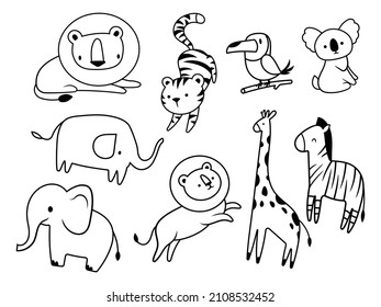 Conjunto de lindos animales de la selva. Colección de animales salvajes de safari. Animales exóticos decorativos. Mascotas Safari. Ilustración colorida para los niños.