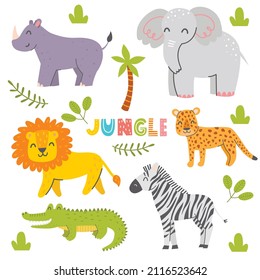 Set of cute jungle animals. Characters for kids. Vector childish illustration