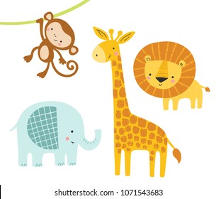 A set of cute jungle animals with elephant, lion, giraffe and monkey. Funny animal characters. Kids, baby vector illustration.  - Shutterstock ID 1071543683