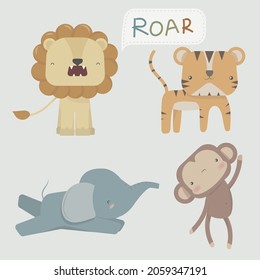 A set of cute jungle animals with elephant, lion, tiger and monkey. Funny animal characters. Kids, baby vector illustration.