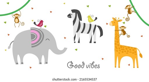 Conjunto de lindos animales de la selva con elefante, cebra, jirafa y mono. Personajes animales divertidos. Niñez, ilustración del vector del bebé.