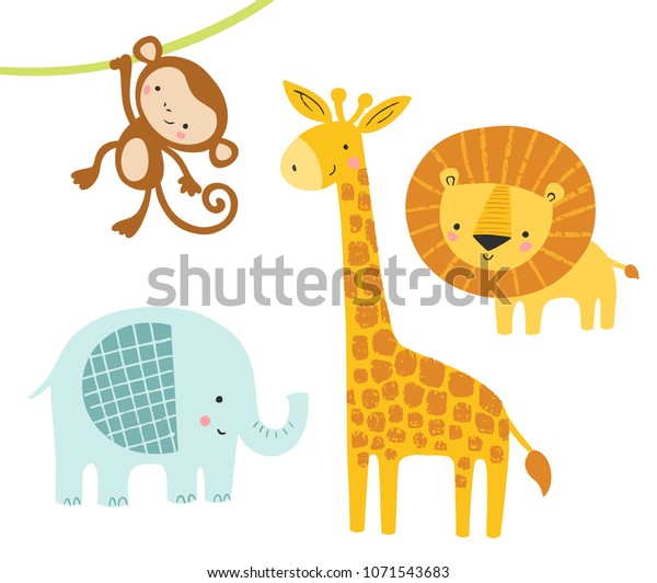 A set of cute jungle animals with elephant, lion, giraffe and monkey. Funny animal characters. Kids, baby vector illustration. 
