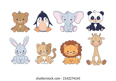 A set of cute jungle animals in a simple scandinavian design. Children s set of giraffe, elephant, lion, penguin, koala and bear. Colored flat vector illustration isolated on white background.