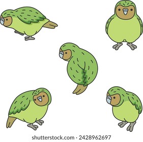 Set of cute Kakapo parrots. Vector illustration. Isolated on white background.