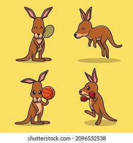 Set of cute kangaroos cartoon vector icon illustration. Animal sport mascot character concept isolated vector. Flat cartoon style