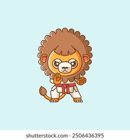 set Cute Karate lion training martial art kawaii chibi character mascot animal sport illustration outline design Icon