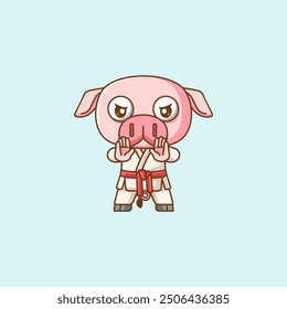 set Cute Karate pig training martial art kawaii chibi character mascot animal sport illustration outline design Icon