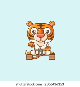 set Cute Karate tiger training martial art kawaii chibi character mascot animal sport illustration outline design Icon