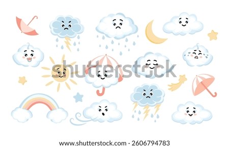  Set cute kawai clouds, stars, raindrops and rainbow, umbrella, sun, moon. Set of cloud shaped emoji with different mood. Vector cartoon style comic icons set.