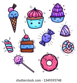 Set of cute, kawai sweets and confection. Object separated from the background. Hand drawn child vector element for stickers, pins, badges and for your creativity.