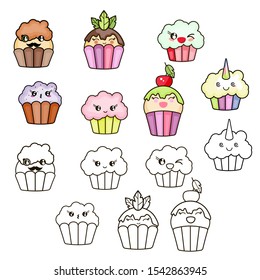 Set of cute, kawai sweets and confection. Object separated from the background. Hand drawn child vector element for stickers, pins, badges and for your creativity.