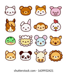 Set of cute and kawaii 16 animal signs. Flat cartoon vector isolated on white background.