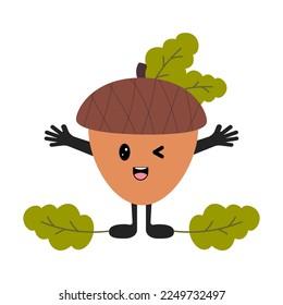 Set of Cute kawaii acorn with eyes, smile emoji, hands and legs. Flat design vector illustration