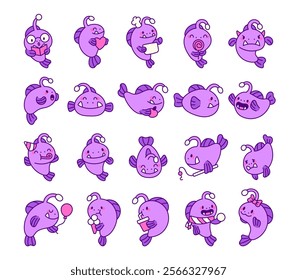 Set of cute kawaii angler fish for design featuring emotions and elements glasses, heart, chef hat, ice cream, scarf, and balloon for creative graphic illustrations.