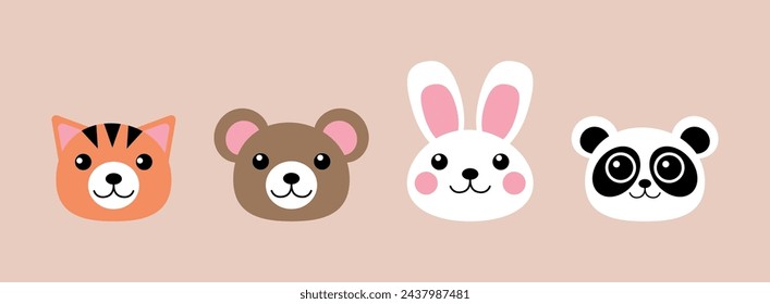 Set of cute kawaii animals avatars for icon, stickers. Cat, bear, bunny, panda character in flat style. Vector illustration