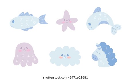 Set of cute kawaii animals in hand draw flat style. Fish,cloud, star, octopus, dolphin,unicorn isolated on white background. Vector illustration.Cartoon baby animal character design. Pastel colors.