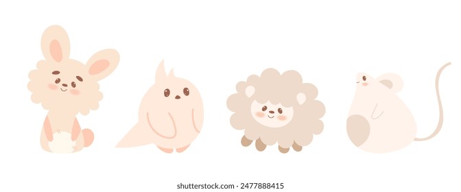 Conjunto de animales kawaii lindos en estilo plano dibujado a mano. Conejo, liebre, loro, pájaro, oveja, ratón. Ilustración vectorial.Dibujos animados bebé animal personaje diseño. Colores pastel.