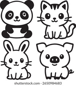 A set of cute Kawaii animals like panda, cat, bunny and pig