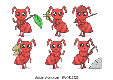 Set of cute kawaii ants insect mascot design illustration