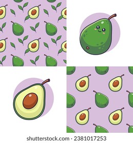 Set of Cute Kawaii Avocado patterns. Food fruit flat icon. Cartoon Avocado seamless pattern, doodle style. Vector hand drawn illustration. Patterns for kids clothes. Avocado patterns collection