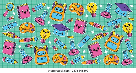 Set of cute kawaii back to school element pattern background