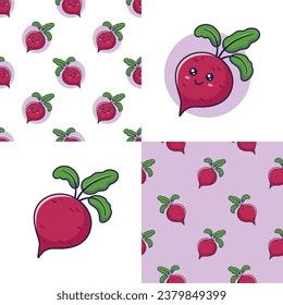 Conjunto de patrones de raíz de Cute Kawaii Beet. Icono de la plancha de verduras de comida. Raíz de la remolacha de dibujos animados, estilo doodle. Ilustración dibujada a mano por vectores. Colección de patrones raíz de remolque