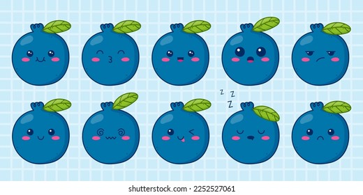 Establece un lindo personaje kawaii de arándano azul con un emoji gracioso. Ilustración vectorial sobre fondo de jaula azul.