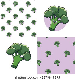 Set of Cute Kawaii Broccoli patterns. Food vegetable flat icon. Cartoon Broccoli seamless pattern, doodle style. Vector hand drawn illustration. Patterns for kids clothes. Broccoli patterns collection