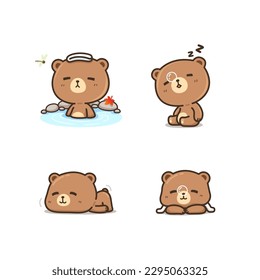 Juego de oso lindo y marrón kawaii en muchos vectores aislados de postura