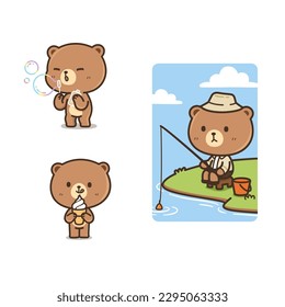 Set of cute and kawaii brown bear in many posture isolated vector