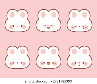 Set of Cute Kawaii Bunny Faces, Hand Drawn Cartoon Rabbit Emoji Stickers on Pink Background