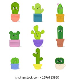 Set of cute kawaii сartoon cactuses with faces. Vector illustration