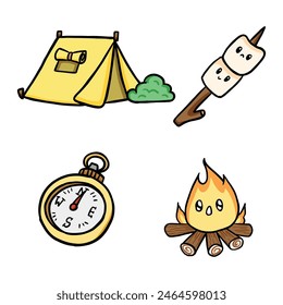 set of cute kawaii camping illustrations