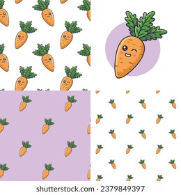 Set of Cute Kawaii Carrot patterns. Food vegetable flat icon. Cartoon Carrot seamless pattern, doodle style. Vector hand drawn illustration. Patterns for kids clothes. Carrot patterns collection
