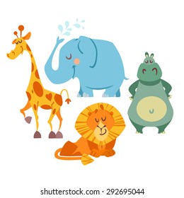 Set of cute kawaii cartoon animals. Giraffe, elephant, hippo and lion. Vector illustrations