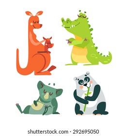 Set of cute kawaii cartoon animals. Kangaroo, alligator, koala and panda bear. Vector illustrations