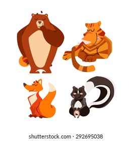 Set of cute kawaii cartoon animals.Bear, tiger, fox and skunk. Vector illustrations