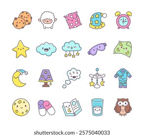 Set of cute kawaii cartoon characters for bedtime and sleep with relaxing emotions, cozy designs, adorable dreams, and peaceful nursery illustrations for delightful nighttime moments