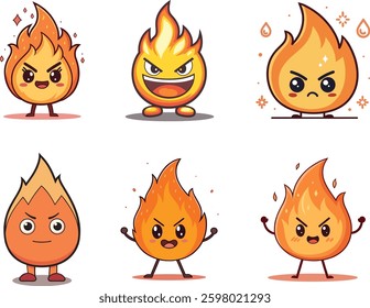 Set of Cute Kawaii cartoon fire emoji character. Funny fire mascot clipart design. Playful blazing flame vector illustration. Angry or happy flame character. Chibi fire character fun and playful flame