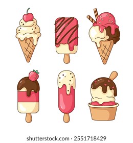 Conjunto de lindos postres de helado de dibujos animados kawaii, esquimal. Ilustraciones vectoriales