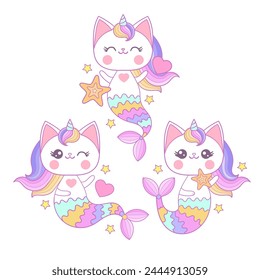 Set of cute kawaii, cartoon, kitty mermaids under the sea. Fantastic animal. For children's design of prints, posters, cards, stickers, etc. Vector illustration