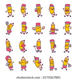 Set of cute kawaii cartoon pencil characters showing various emotions and activities like smiling, eating, drinking, gifting, and celebrating with funny and stylish elements